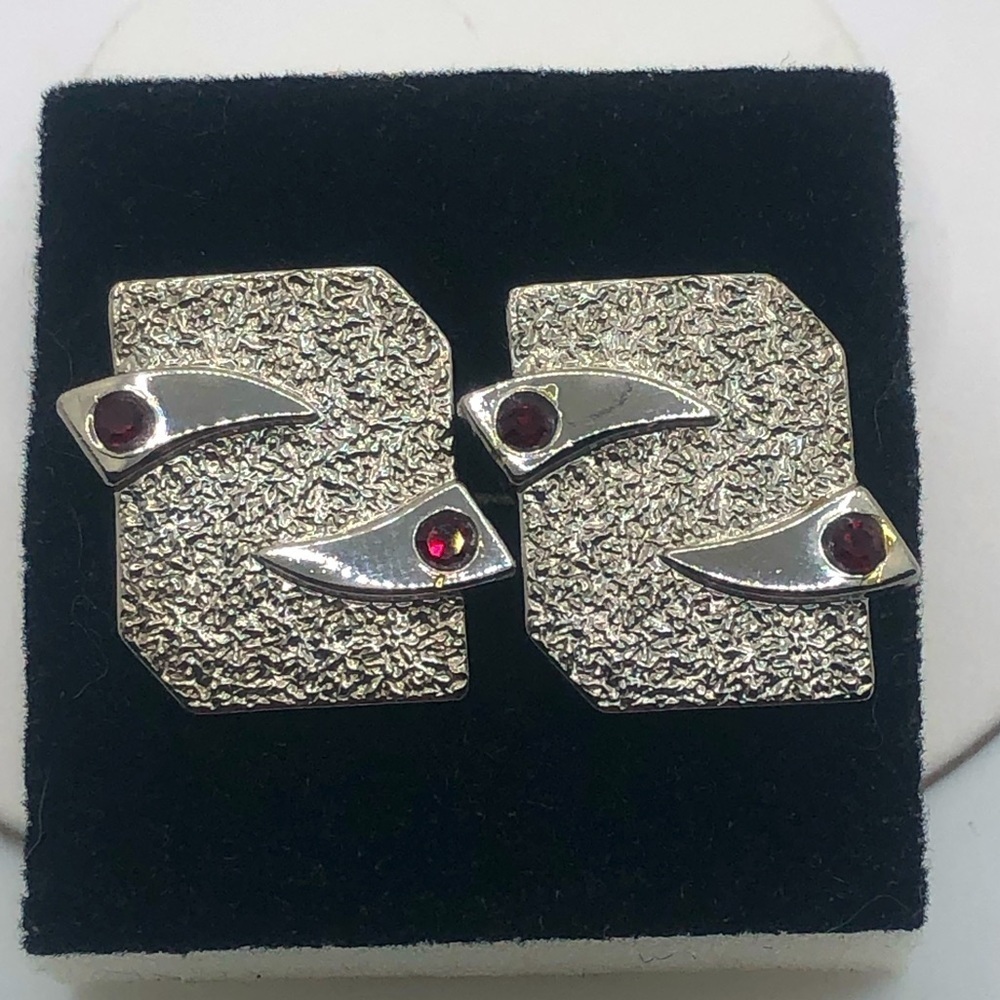 Vtg Abstract Brutalist Design Red Stone Silver Tone Square Cufflinks .9” x .6”